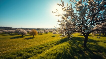 Fototapeta premium Sunlit Orchard in Springtime Blossoming Trees and Vibrant Green Meadow