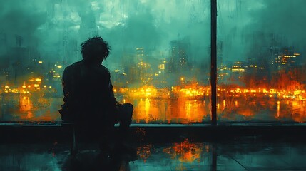 Solitary Figure Watching City Lights Through Rainy Window