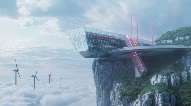 Futuristic China: Angular Glass Fortress on Cliff with Red Lightning Rods and Wind Turbines
