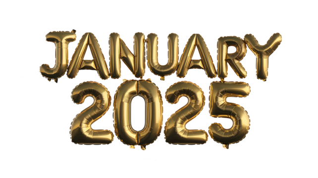 Golden Balloon Text January 2025 Isolated on Transparent Background, 3D Golden Balloon Text for January 2025