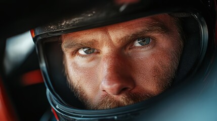 A close-up shot revealing the intense gaze of a race car driver wearing a helmet, showcasing...