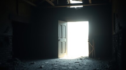 Obraz premium A dimly lit room, a door ajar, revealing a bright light outside; hope amidst the debris