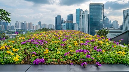 Conservation Energy Green Technology Solutions urban buildings utilizing green rooftops and renewable energy systems Stock Photo with side copy space
