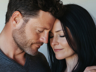 Obraz premium Close up portraits of mid 30s couple in love. Putting their head together.