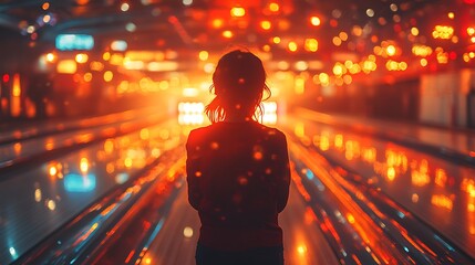 Child Silhouetted Against Bowling Alley Lights