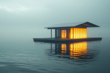 A floating solar farm glowing softly in a calm sea,