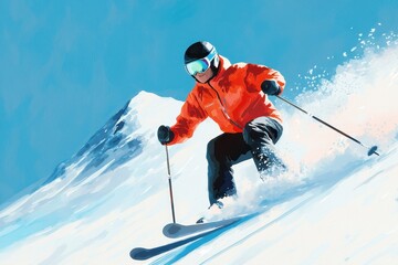 A skier in an orange jacket gracefully descends a snowy slope against a bright blue sky, showcasing the thrill of winter sports.