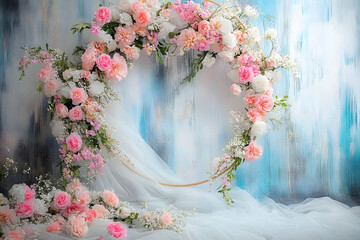 Maternity backdrop, wedding backdrop, photography background with a flowerhoop with beautiful flowers on vintage wall.