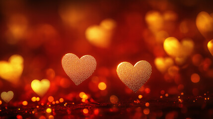 Sparkling golden hearts floating against dark glowing bokeh background, creating a romantic Valentine’s Day atmosphere perfect for love-themed creative projects.