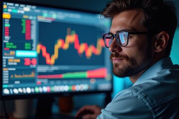 Focused young businessman analyzing stock market trends on digital screen, making strategic investment decisions in modern office setting.