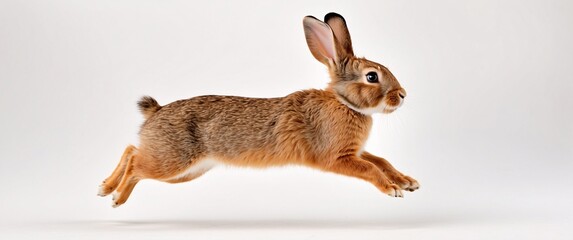 A jumping rabbit frozen mid-air, displayed on a clear white background