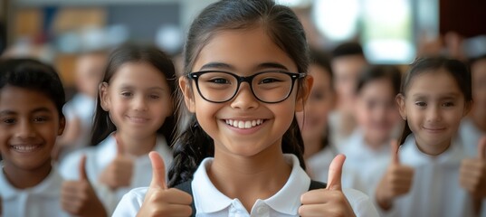 Diverse Group of Elementary School Children Smiling and Giving Thumbs Up, Education Concept