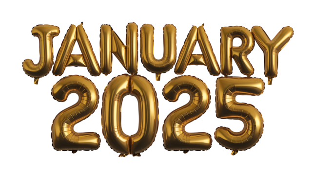 Golden Balloon Text January 2025 Isolated on Transparent Background, 3D Golden Balloon Text for January 2025