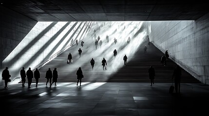 Silhouetted Figures Ascending A Bright Staircase