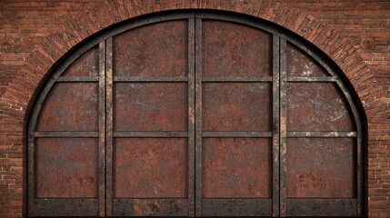 Fototapeta premium Rusty Industrial Arch Door on Weathered Brick Wall Background