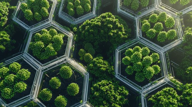 Futuristic China: Aerial View of Giant Hexagonal Biodomes Hosting Biotech Research for Crops and Ecology