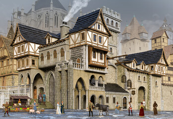 European medieval or fantasy town square scenery on a foggy day