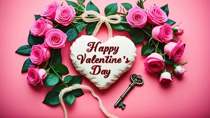 Valentine day. Heart-shaped cookie with "Happy Valentine's Day" surrounded by pink roses on a pink background.