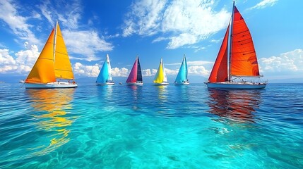 Colorful sailboats race on a clear, turquoise ocean under a bright blue sky.