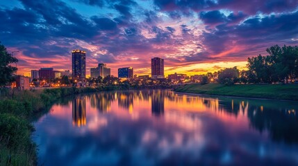 Fototapeta premium Stunning sunset over city skyline reflecting in river urban landscape evening serenity peaceful atmosphere