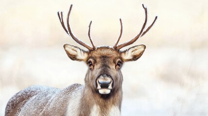 Fototapeta premium A close-up of a reindeer with antlers, set against a snowy background, showcasing its unique features and winter environment.