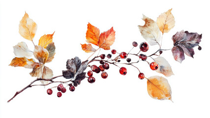 Fototapeta premium Watercolor Painting Showcasing an Autumn Arrangement of Dry Leaves and Berries in Warm Colors and Delicate Details
