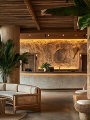 Modern Hotel Lobby With Natural Wood And Stone Accents