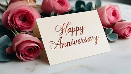 Valentine day. Happy Anniversary card surrounded by pink roses on a marble surface.