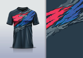 T-shirt mockup abstract texture grunge texture sport jersey design for football, soccer, racing, esports, running, in red blue black color
