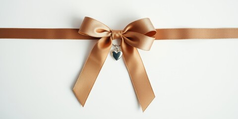 Elegant gold satin ribbon bow with heart pendant on white background