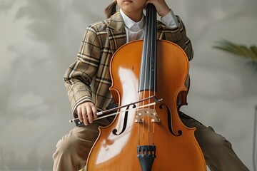 Fototapeta premium Young musician playing cello indoor studio portrait calm environment close-up artistic expression