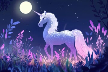 Fototapeta premium Magical Unicorn in Moonlight Night Meadow