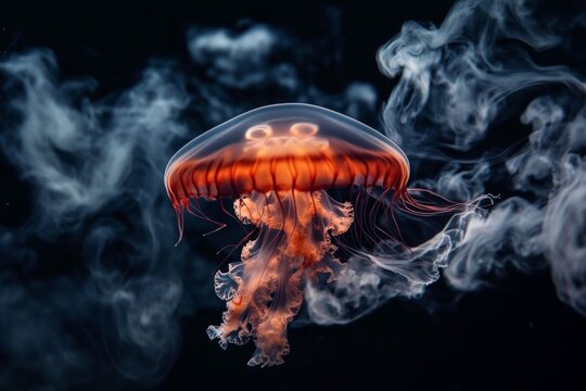 A jellyfish pulsating in an aquarium tank, with its graceful motion creating ripples in the water