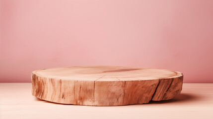 Beautifully aged wooden podium with natural imperfections, perfect for showcasing unique products, set against a soft pink background. The pastel tones highlight the wood&rsquo;s natural charm