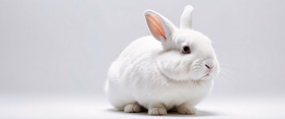 Fototapeta premium A fluffy white rabbit sitting on a pristine white background, gazing forward with curiosity