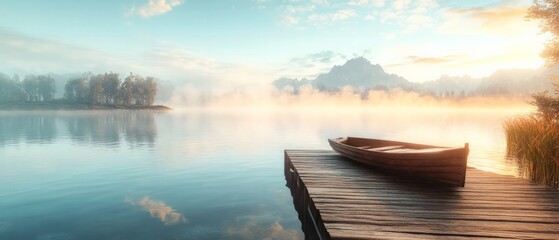 Serene boating experience tranquil lake digital art morning mist wide angle peaceful nature vibes