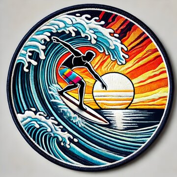 Embroidered-style patch featuring a surfer riding a large ocean wave, set against a vibrant sunset with clouds and warm tones.