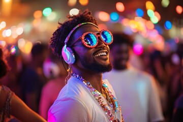 A lively scene at a Jamaican music festival, with colorful lighting and energetic performers on stage