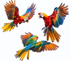 Fototapeta premium Vibrant Macaw Parrots in Flight: A Stunning Display of Colors and Graceful Movement in a Tropical Aviary Setting