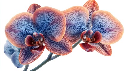 Two vibrant blue and orange orchids on a white background.