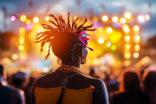A lively scene at a Jamaican music festival, with colorful lighting and energetic performers on stage