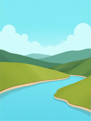 Obraz premium Stylized landscape featuring rolling green hills and a serene river under a bright blue sky.