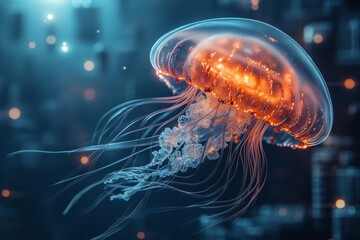 Obraz premium A magical jellyfish with glowing, jewel-like patterns on its body, floating in a luminous enchanted underwater forest