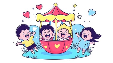 Happy children enjoy a carousel ride.