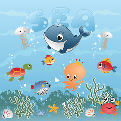 Obraz premium Vector illustration of marine animals swimming in the deep blue sea