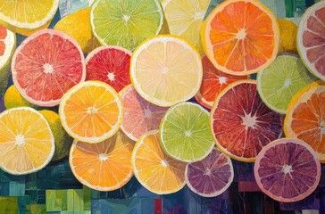 Vibrant Slice of Citrus Fruits Displaying Bright Colors and Textures in an Artistic Composition Perfect for Food and Beverage Promotions