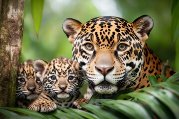 A mother jaguar with her cubs playing nearby, set against a vibrant jungle background