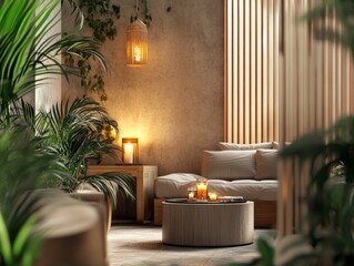Serene Lounge Space with Plants and Candles