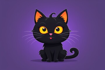 cartoon black cat with glowing eyes sitting on purple background