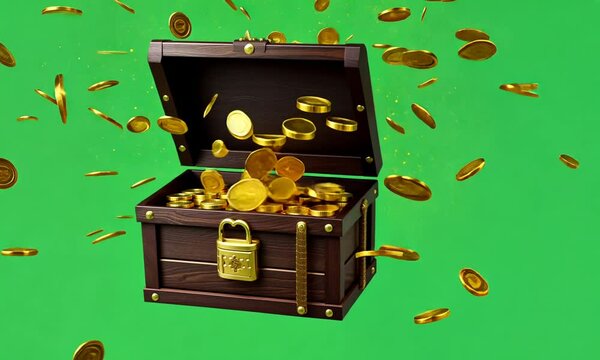 A pirate treasure chest that bursts open, mega millions march, green screen